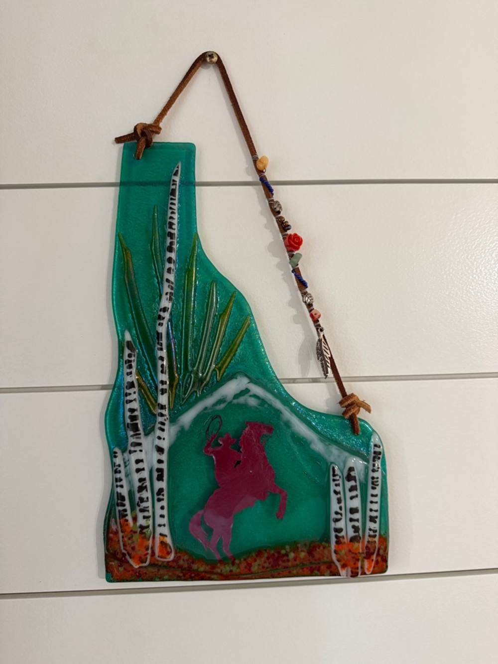 Teal Fused Glass Wall Hanging with Pink Horse Motif